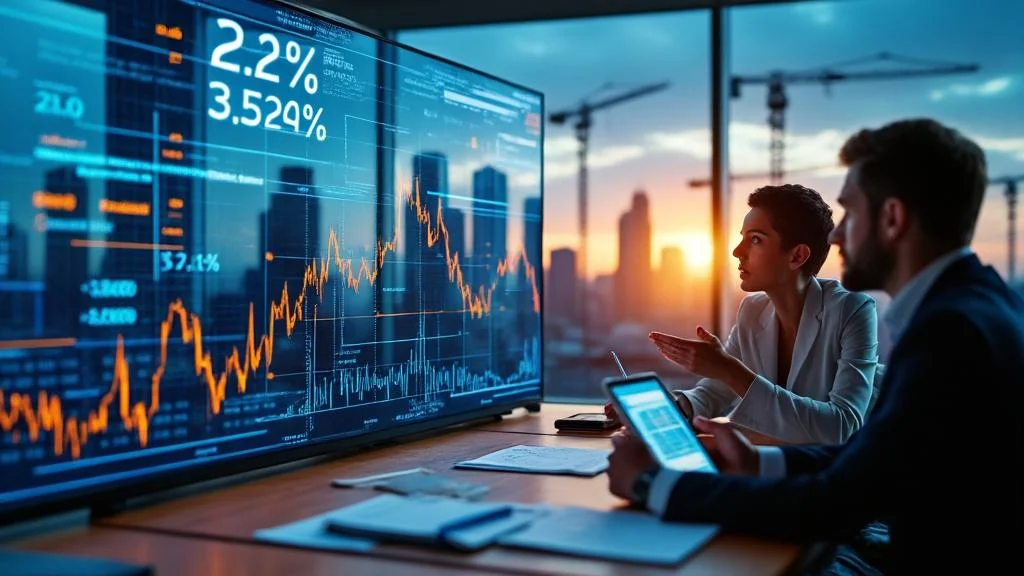 Analyse hyperréaliste de la prévision du taux immobilier 2026 en salle de réunion financière moderne