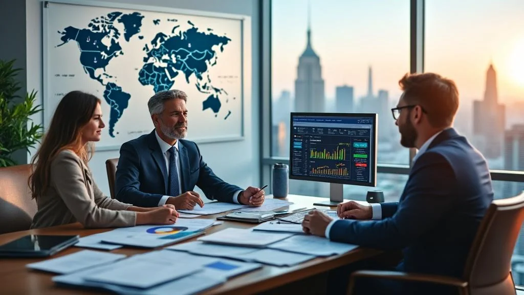 Courtier en crédit international conseillant un couple français pour un prêt bancaire à l’étranger