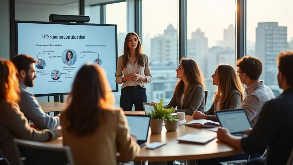 Formation coach de vie en salle moderne avec participants engagés et formatrice professionnelle inspirante