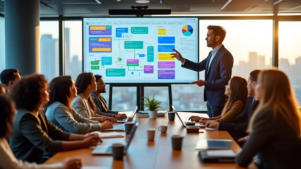 Formation pour événementiel en salle moderne avec participants engagés et formateur dynamique