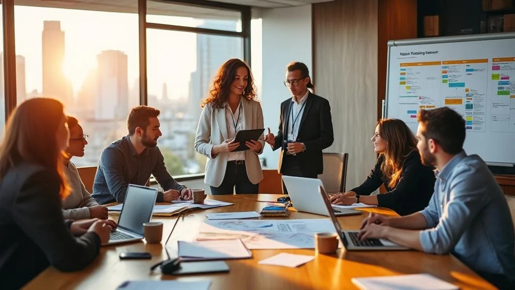 Formation pour événementiel en salle, professionnels collaborant avec créativité et gestion du stress
