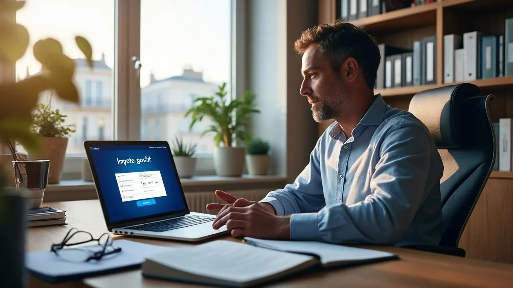 Homme utilisant impots.gouv.fr pour obtenir son bordereau de situation fiscale en ligne, bureau moderne et lumineux